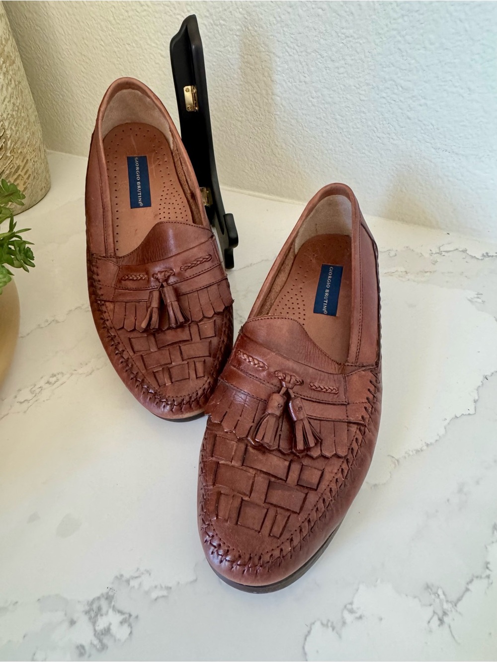 Giorgio Brutini Men's Cognac Leather Weave Tassel Loafers Size 12M